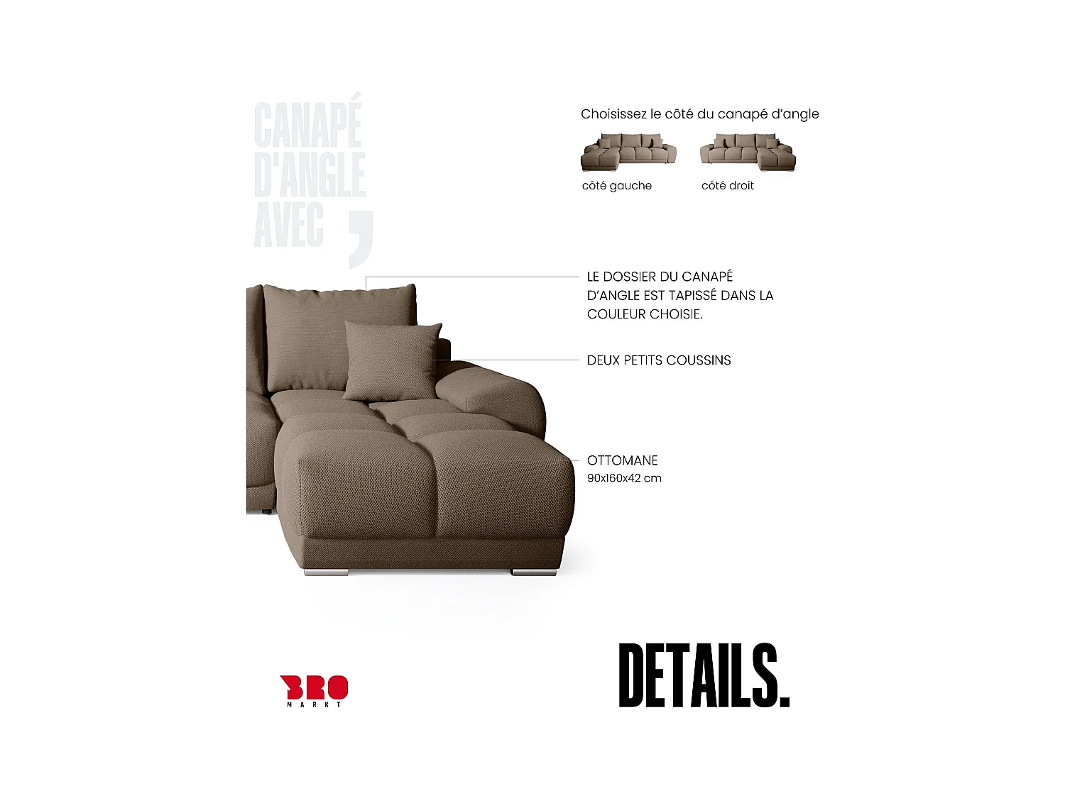 Canapé d'angle convertible en forme de L NUBES 290x180x85 cm marron