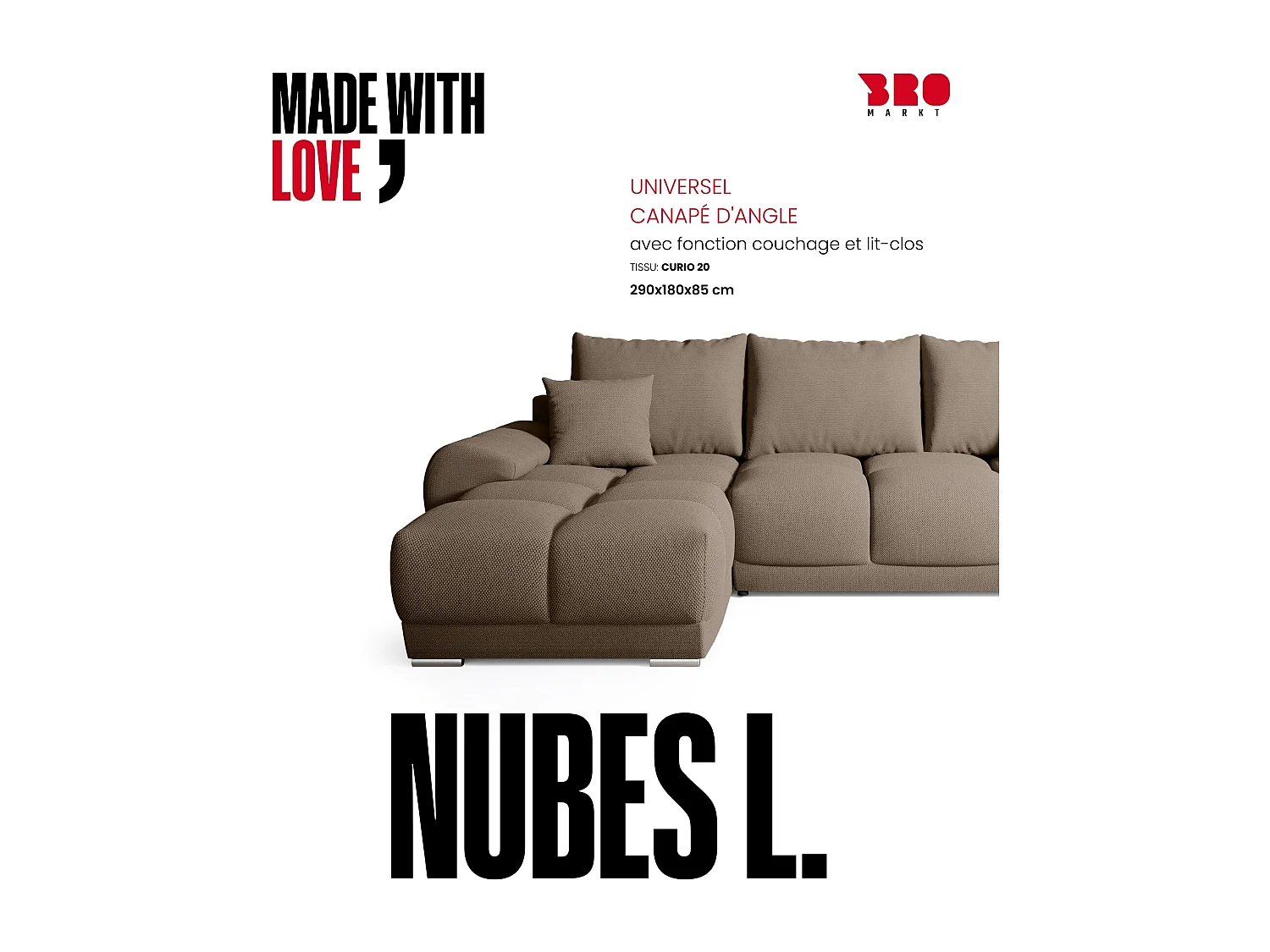 Canapé d'angle convertible en forme de L NUBES 290x180x85 cm marron