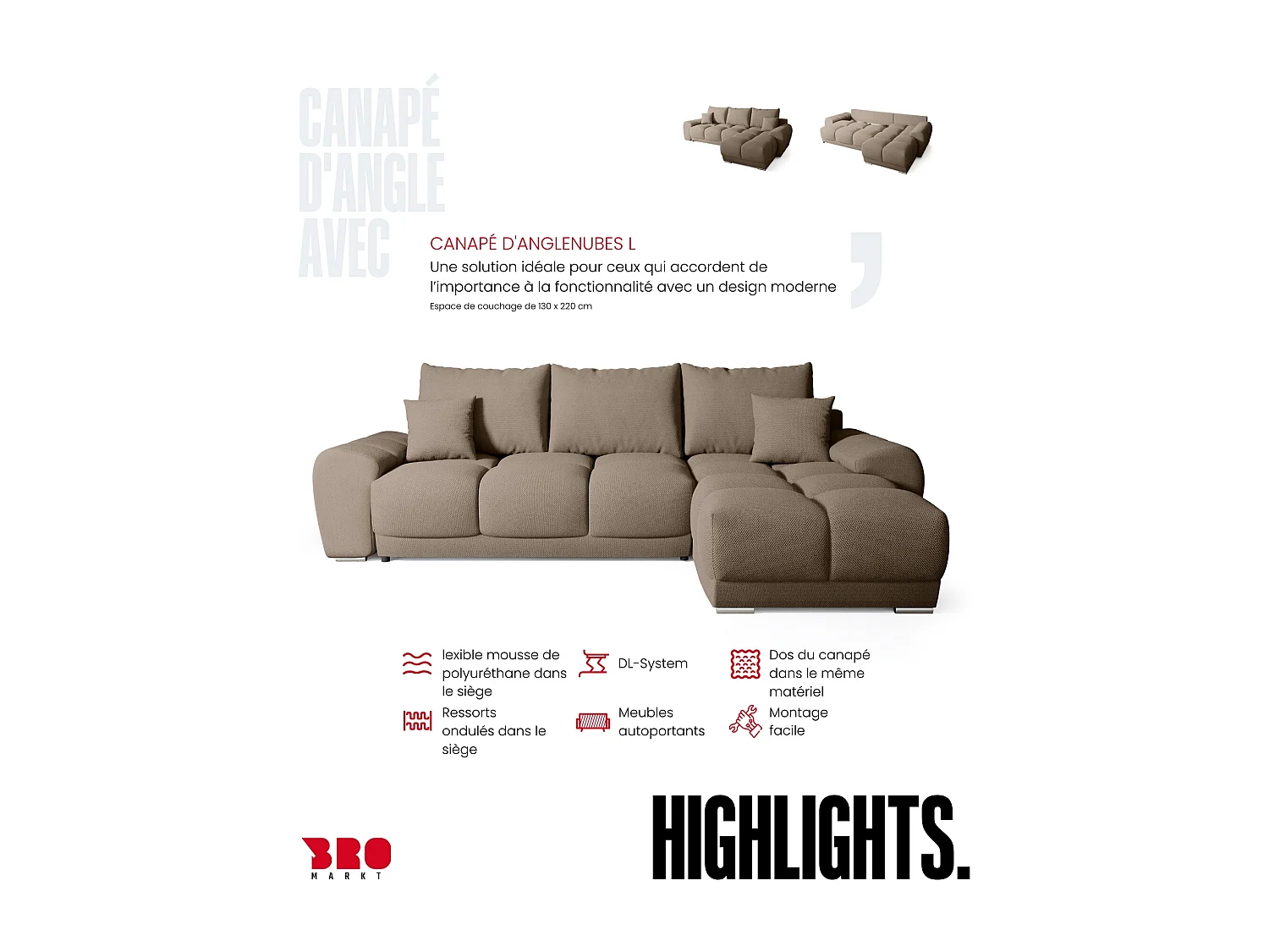 Canapé d'angle convertible en forme de L NUBES 290x180x85 cm marron