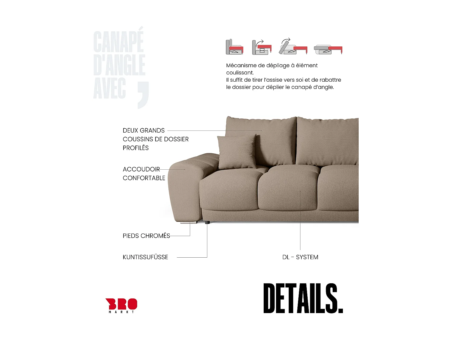 Canapé d'angle convertible en forme de L NUBES 290x180x85 cm marron