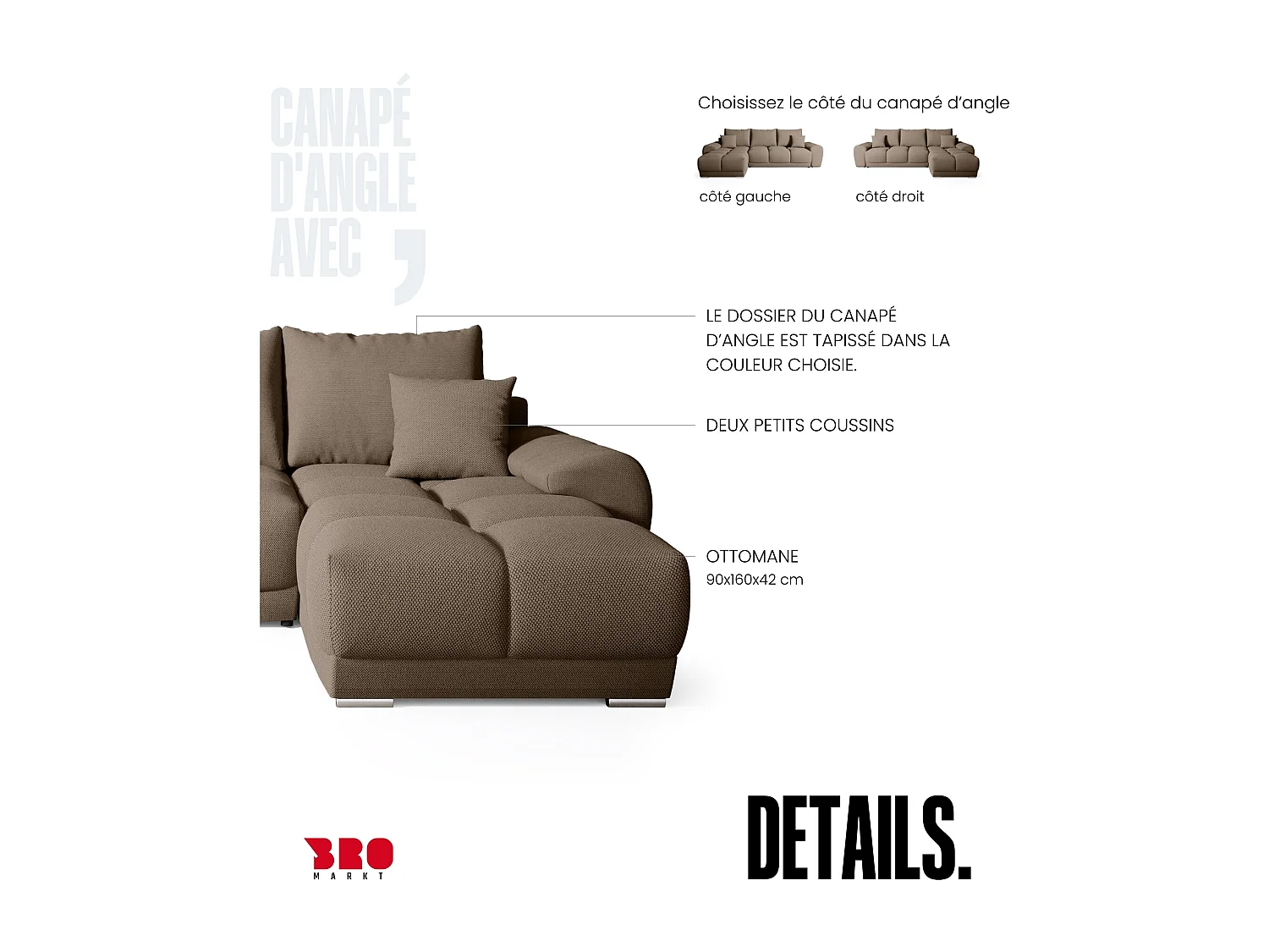 Canapé d'angle convertible en forme de L NUBES 290x180x85 cm marron