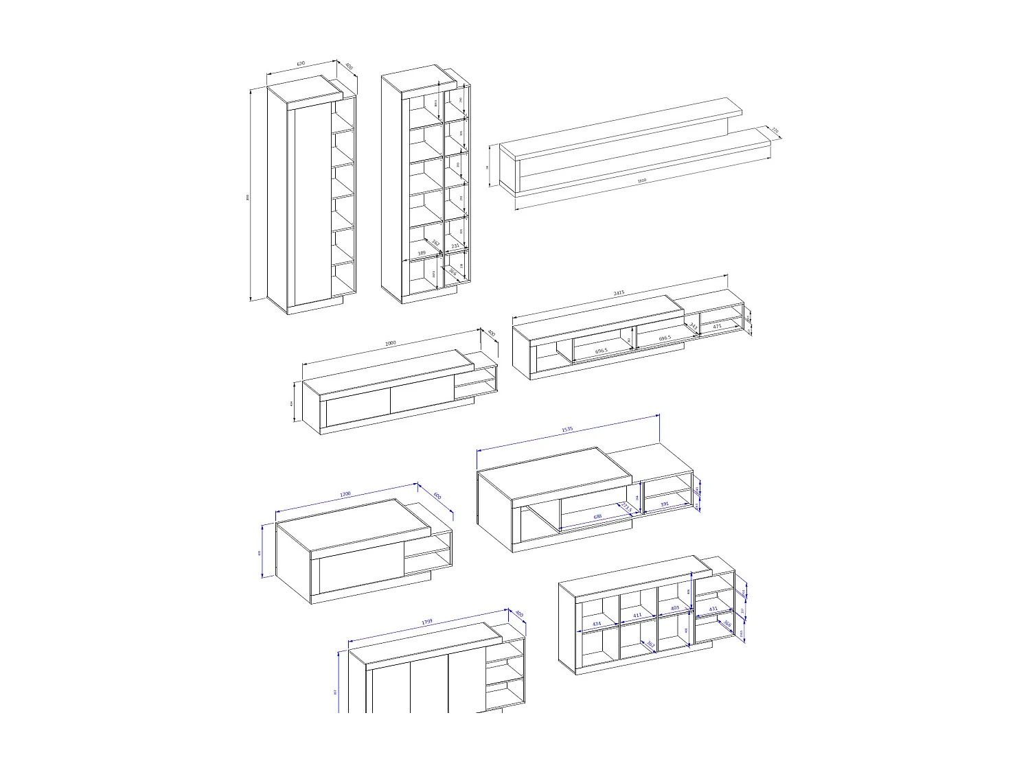 WOHNZIMMER-SET Saragossa 5-teilig weiß Hochglanz / Samdal Eiche