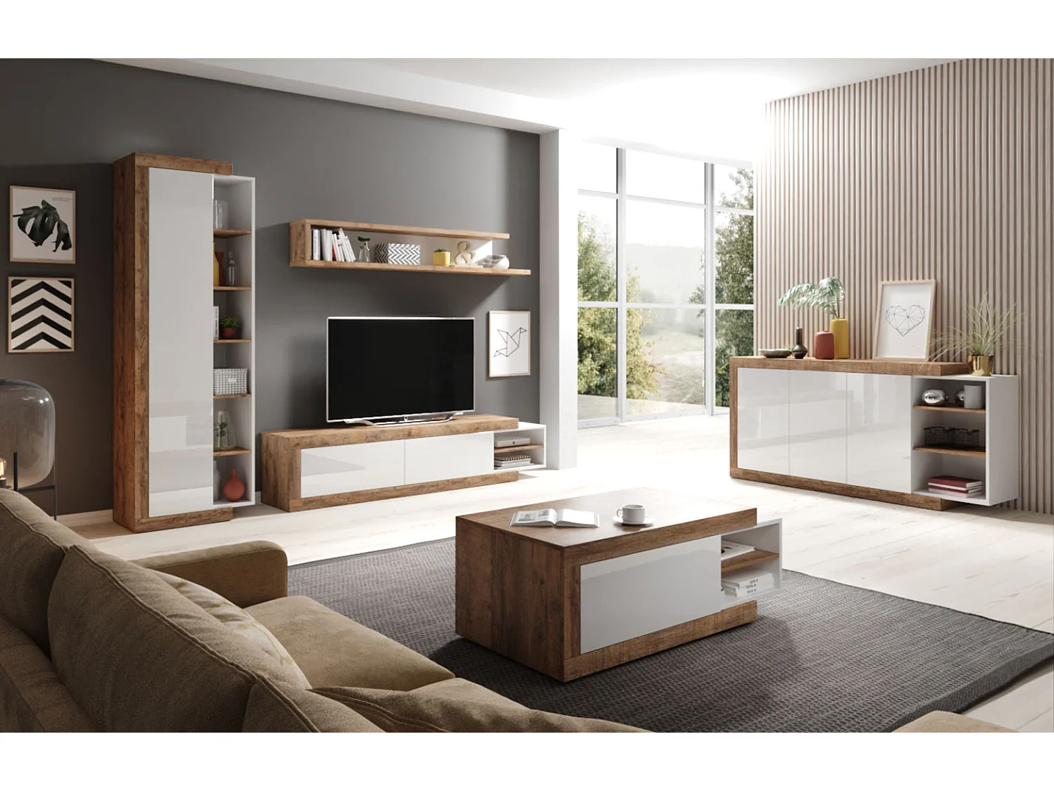 WOHNZIMMER-SET Saragossa 5-teilig weiß Hochglanz / Samdal Eiche