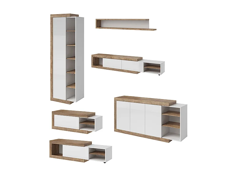 WOHNZIMMER-SET Saragossa 5-teilig weiß Hochglanz / Samdal Eiche