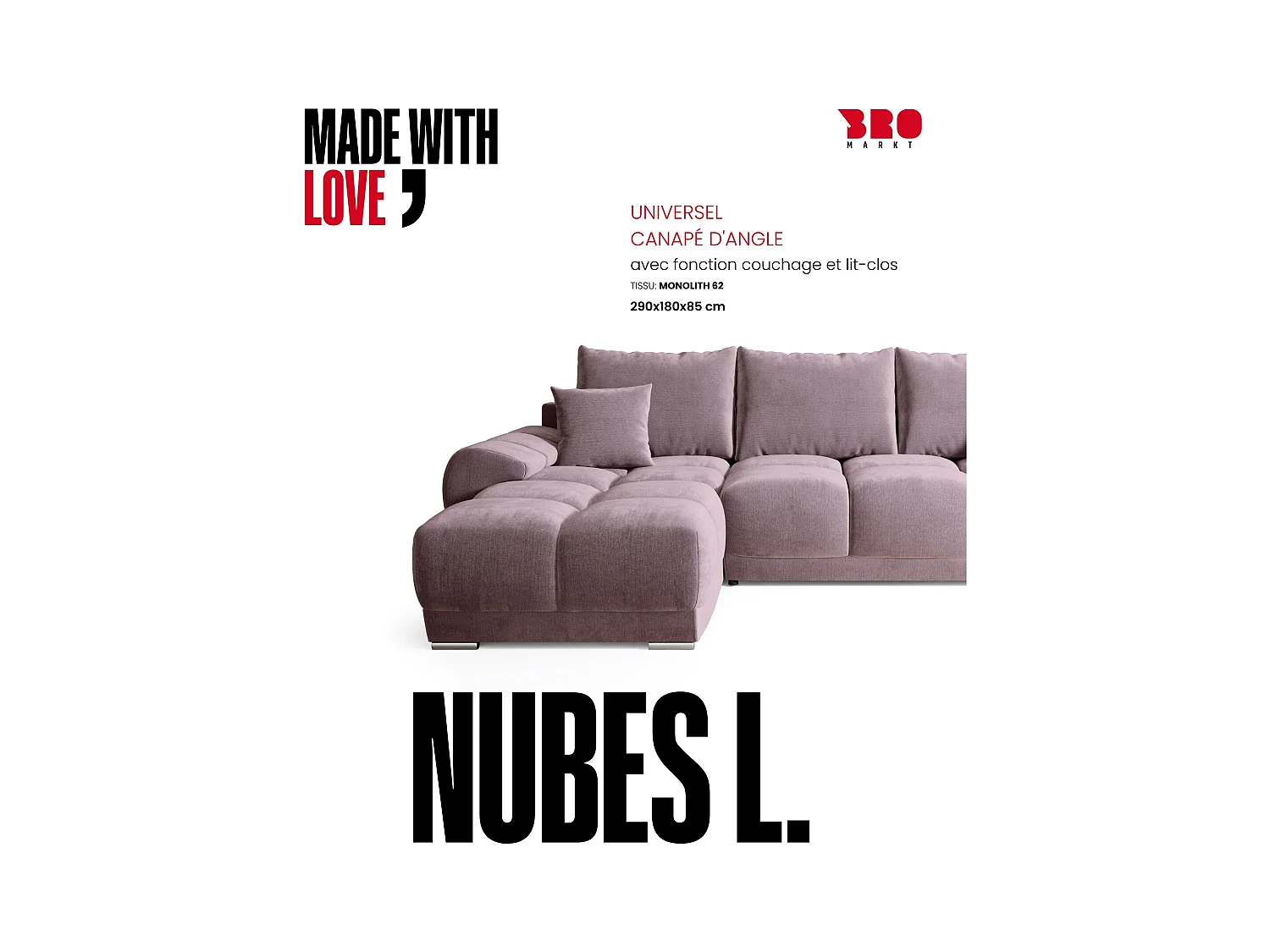 Canapé d'angle convertible en forme de L NUBES 290x180x85 cm rose poudré