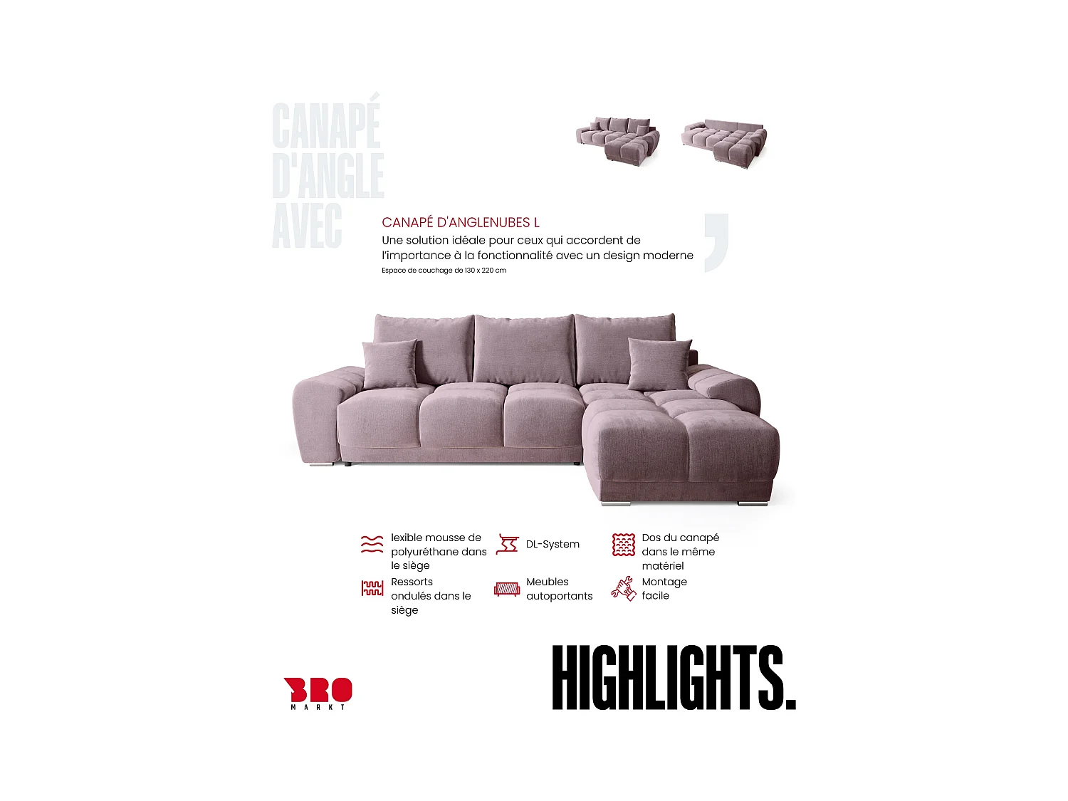 Canapé d'angle convertible en forme de L NUBES 290x180x85 cm rose poudré