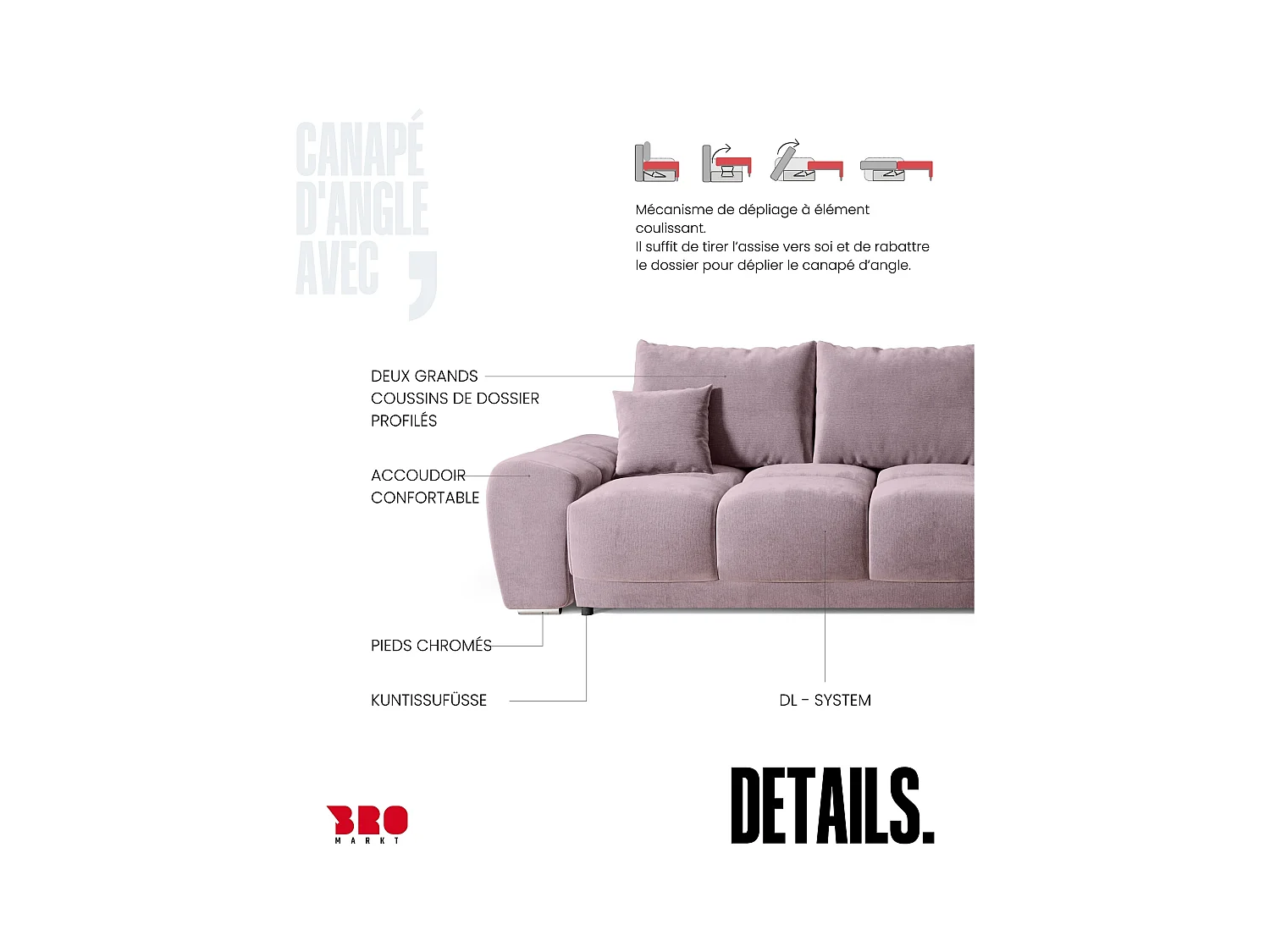 Canapé d'angle convertible en forme de L NUBES 290x180x85 cm rose poudré