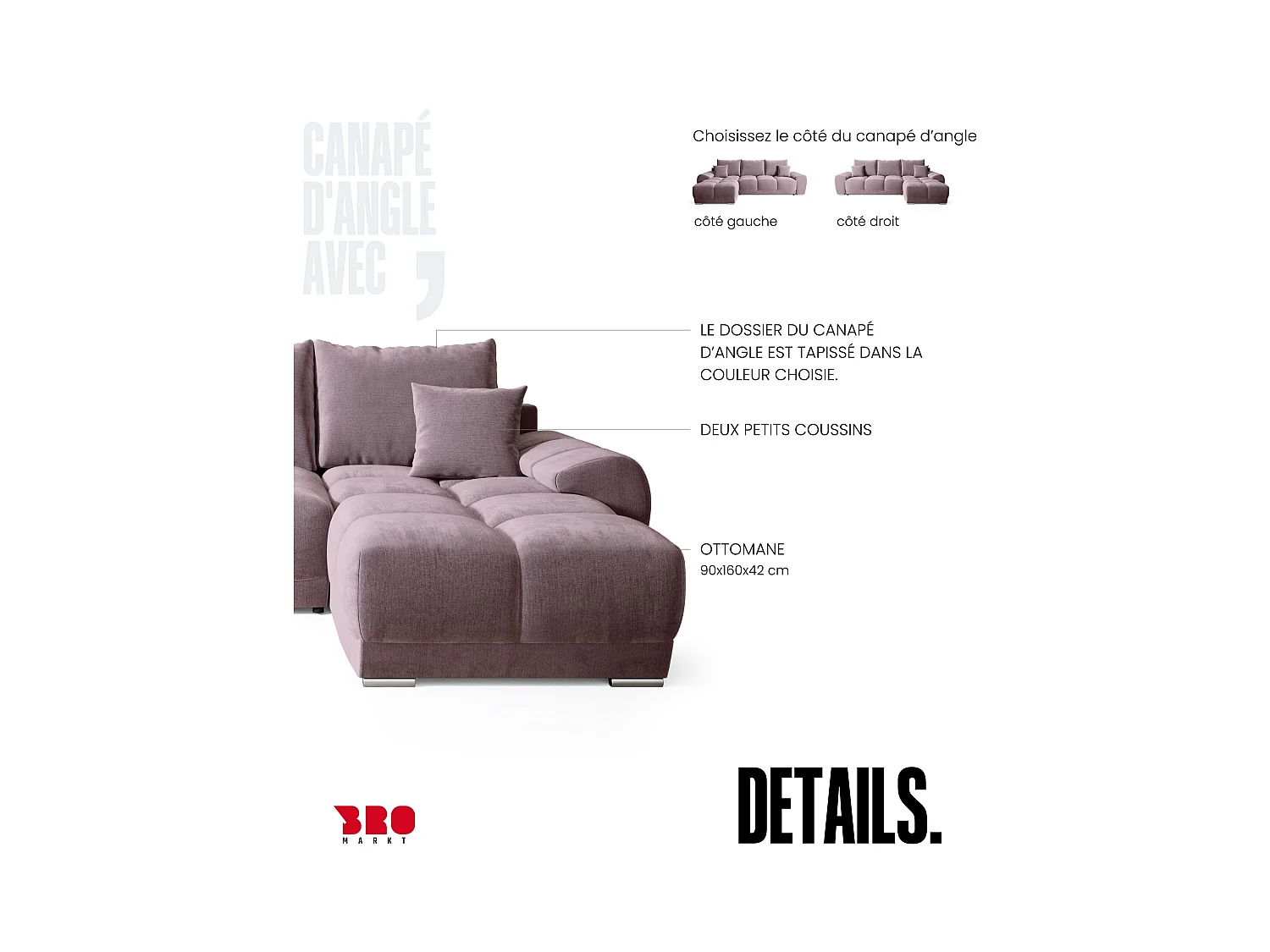 Canapé d'angle convertible en forme de L NUBES 290x180x85 cm rose poudré