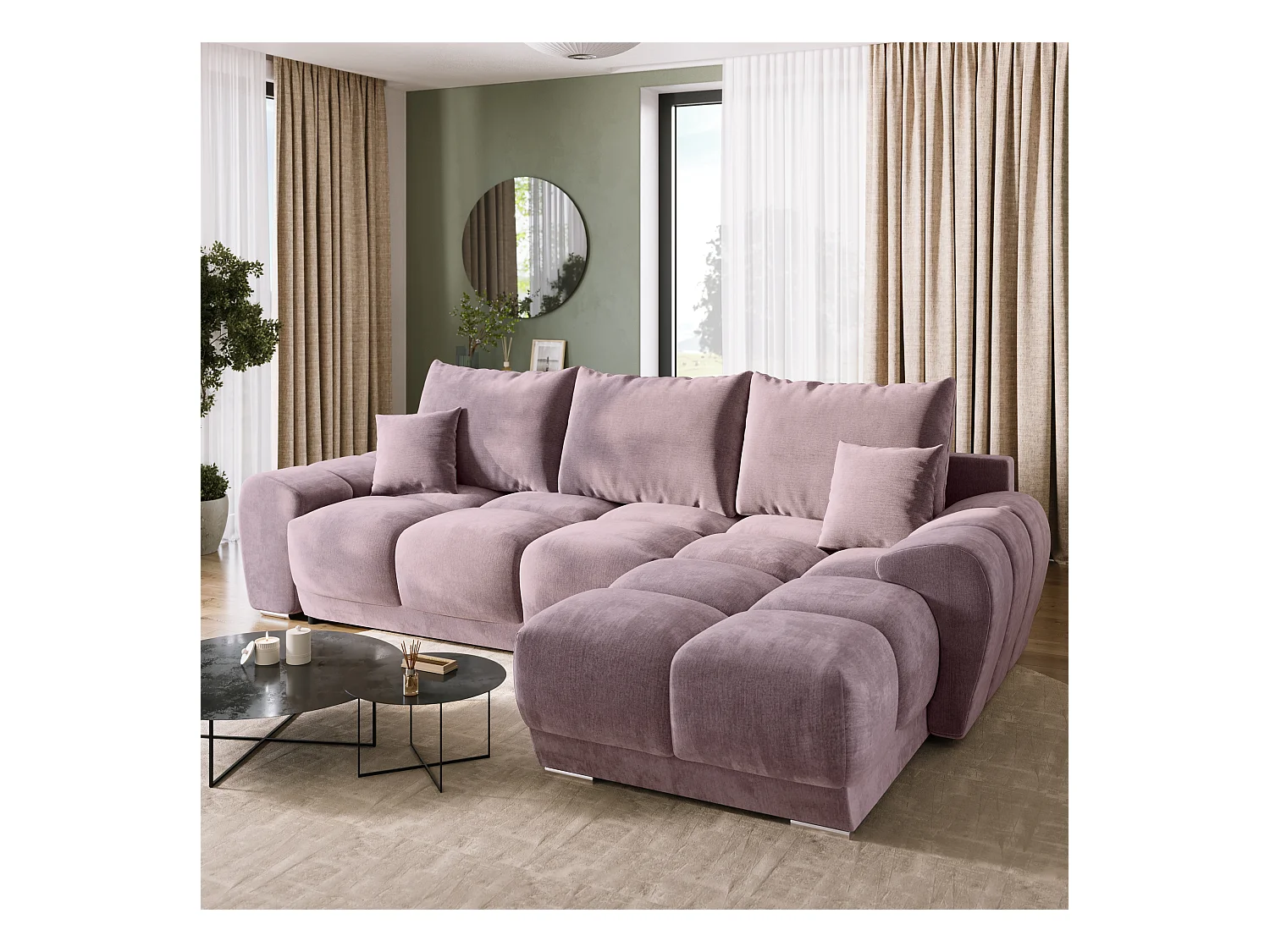 Canapé d'angle convertible en forme de L NUBES 290x180x85 cm rose poudré