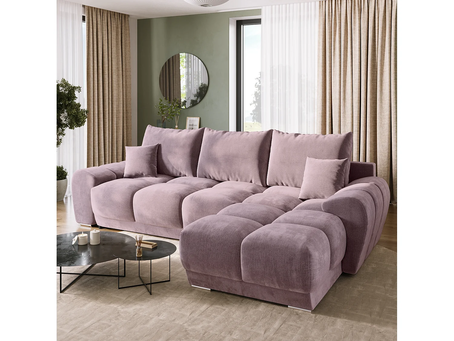 Canapé d'angle convertible en forme de L NUBES 290x180x85 cm rose poudré