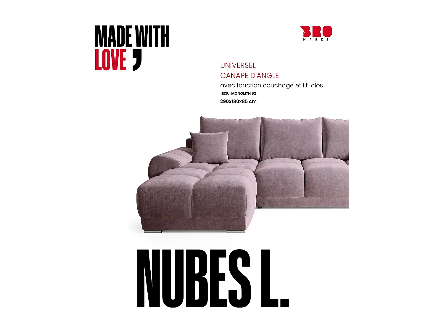 Canapé d'angle convertible en forme de L NUBES 290x180x85 cm rose poudré