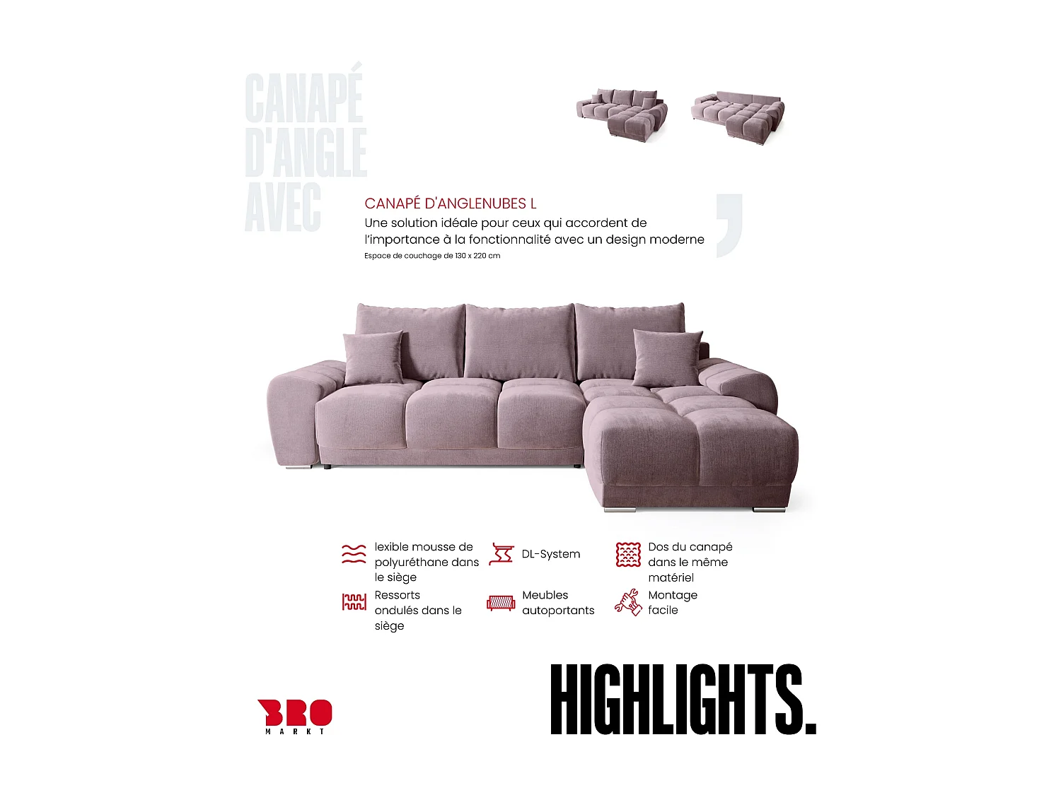 Canapé d'angle convertible en forme de L NUBES 290x180x85 cm rose poudré