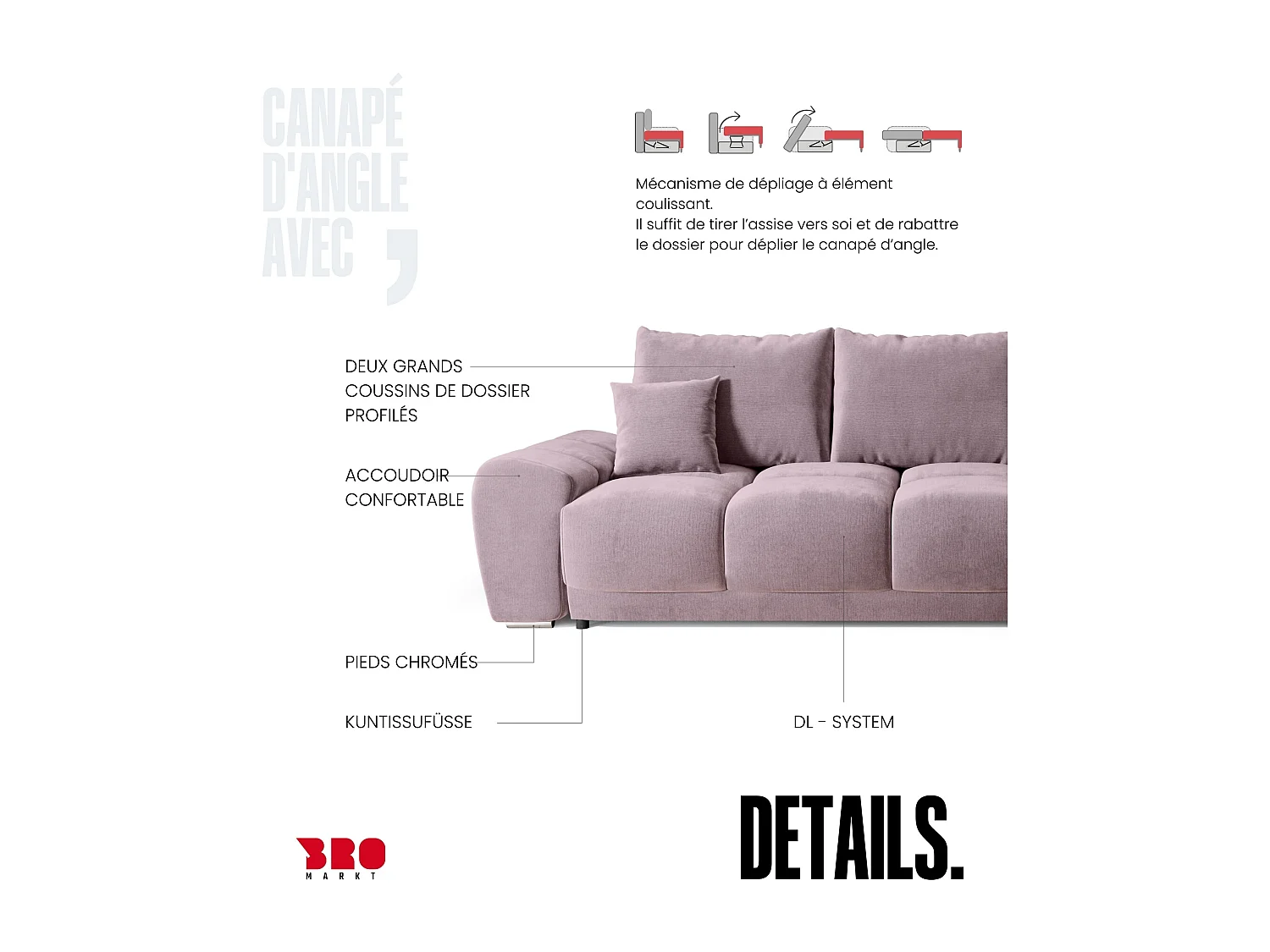 Canapé d'angle convertible en forme de L NUBES 290x180x85 cm rose poudré