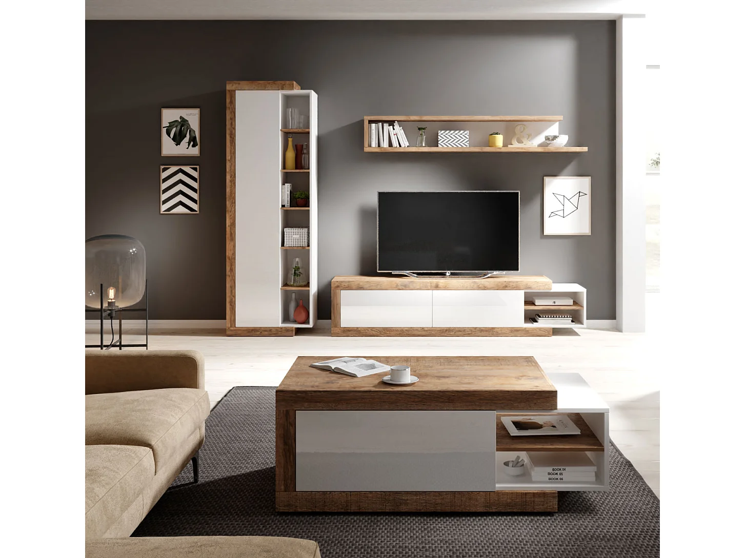 WOHNZIMMER-SET 4-teilig Saragossa weiß Hochglanz / Samdal Eiche