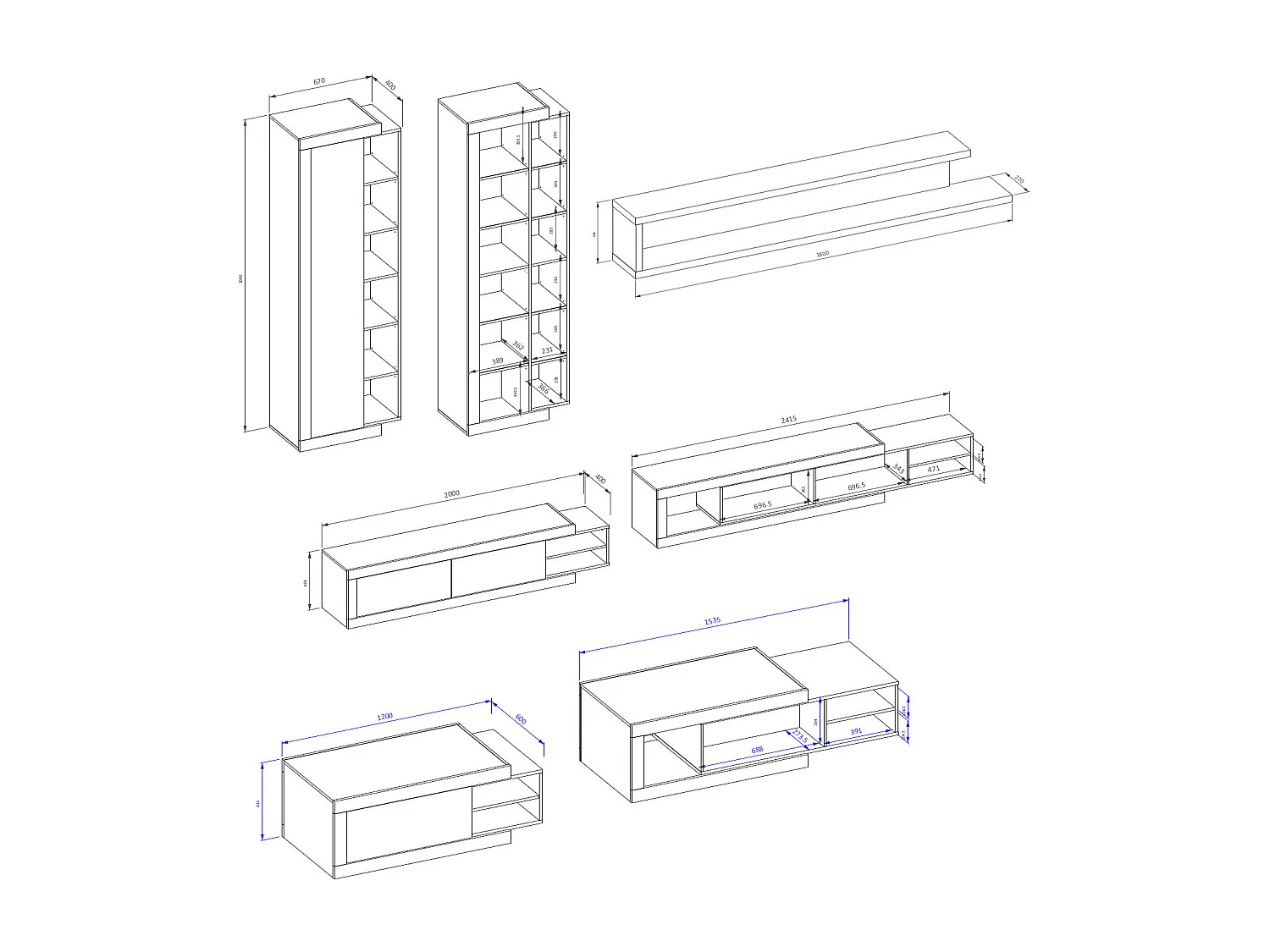 WOHNZIMMER-SET 4-teilig Saragossa weiß Hochglanz / Samdal Eiche