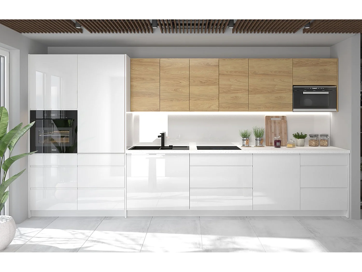 KÜCHENZEILE Avellino (10-tlg) Weiß Acryl Hochglanz / Hickory Natur Matt / Weiß Matt 406 / 59 / 207cm