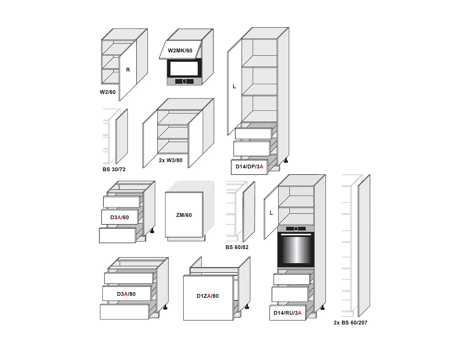 KÜCHENZEILE Avellino (10-tlg) Weiß Acryl Hochglanz / Hickory Natur Matt / Weiß Matt 406 / 59 / 207cm