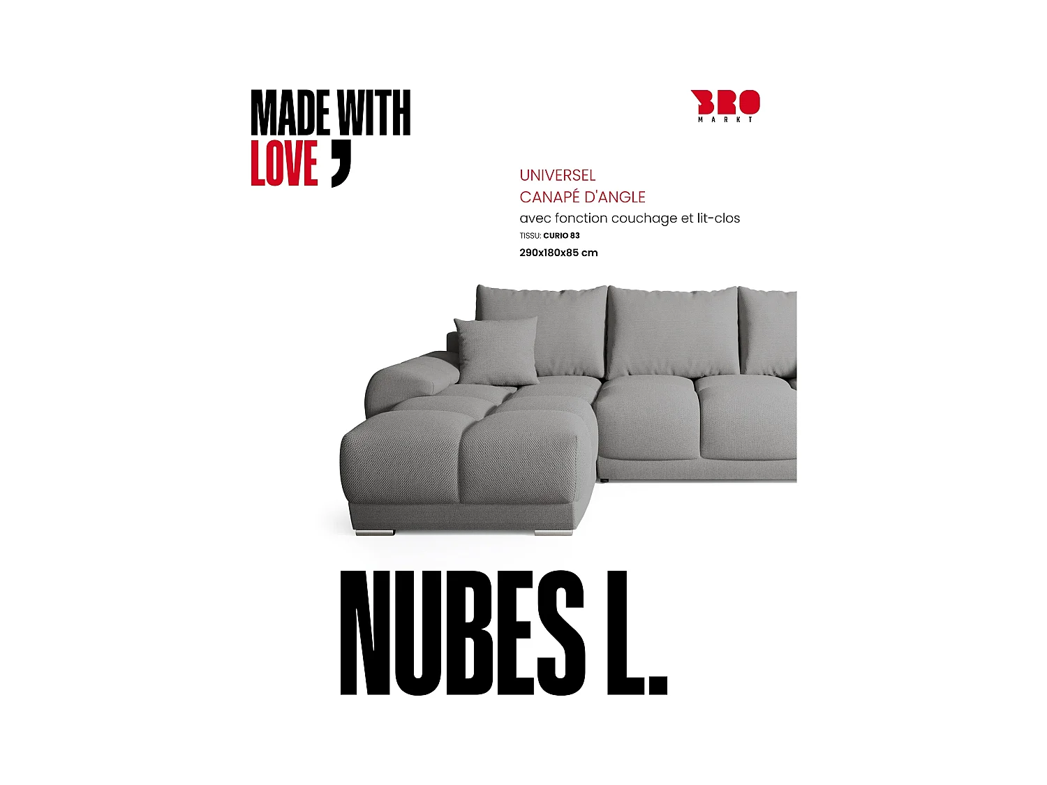 Canapé d'angle convertible en forme de L NUBES 290x180x85 cm gris