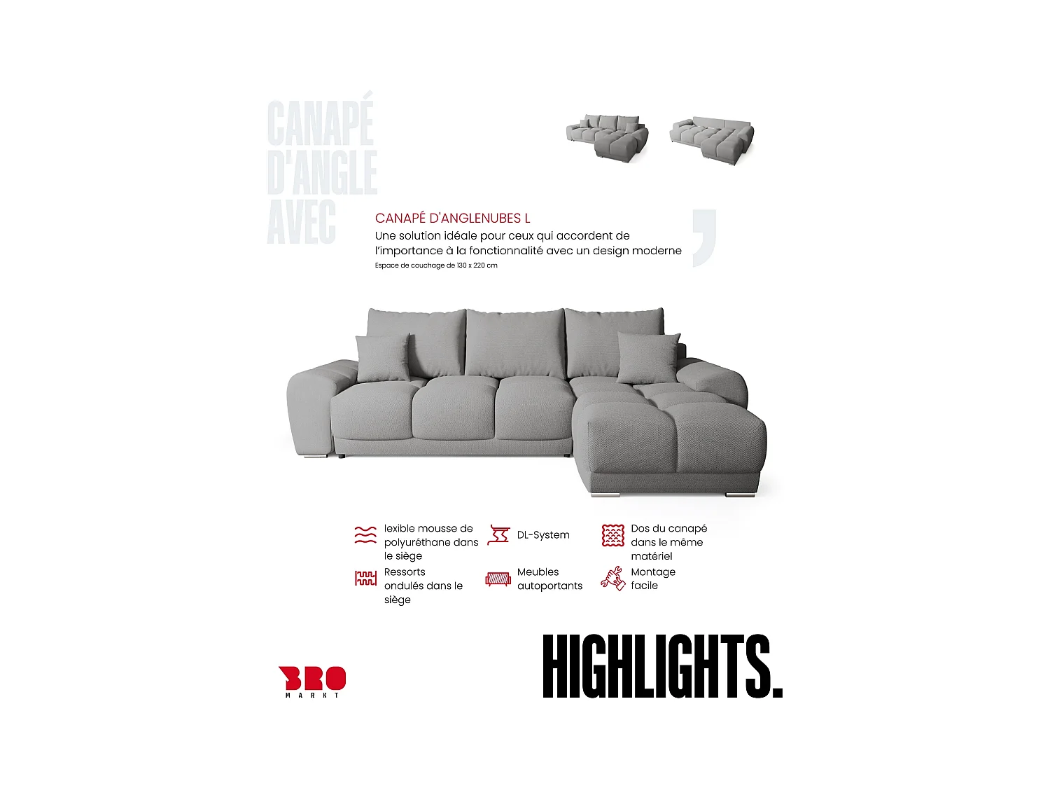 Canapé d'angle convertible en forme de L NUBES 290x180x85 cm gris