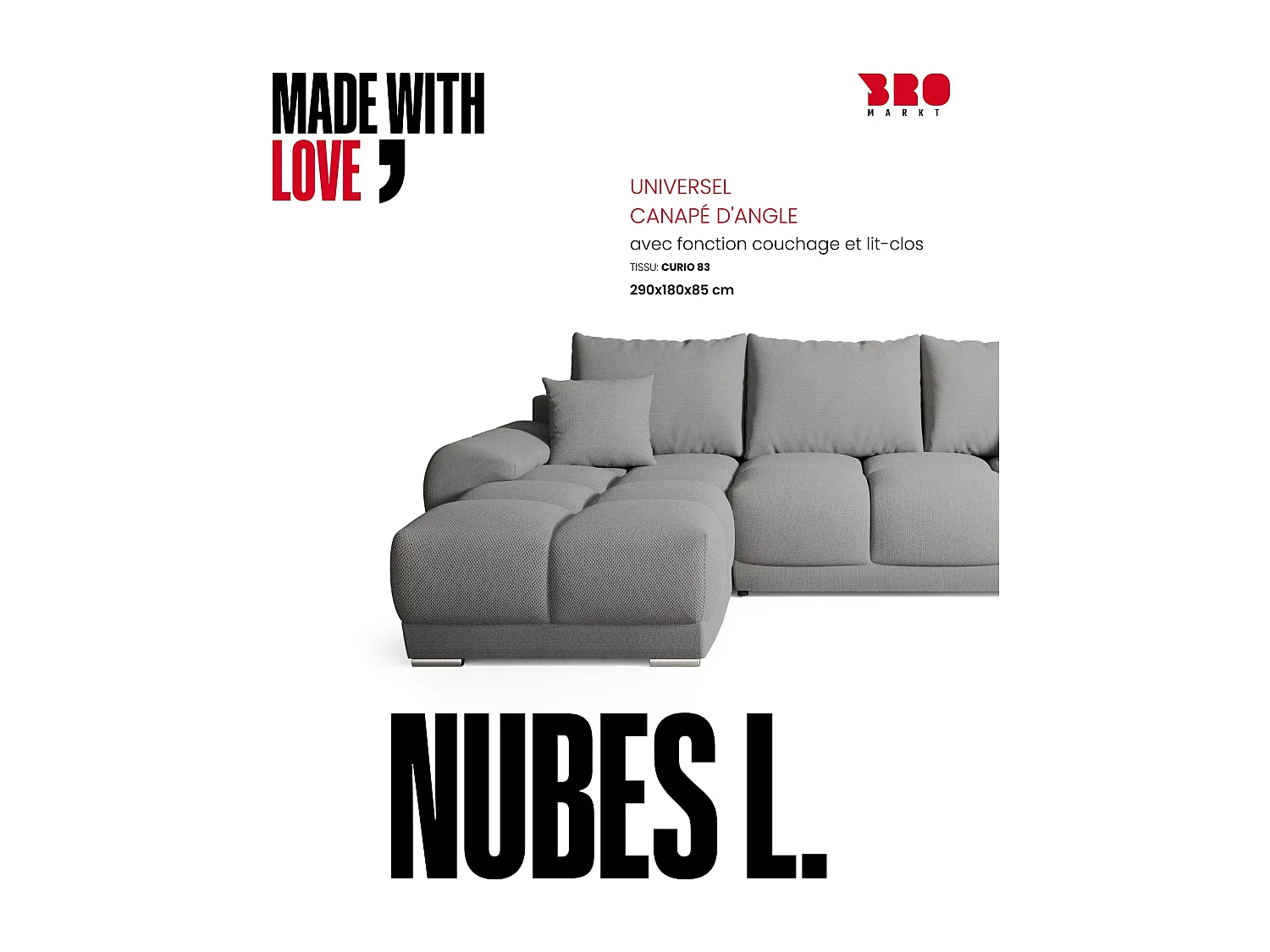 Canapé d'angle convertible en forme de L NUBES 290x180x85 cm gris