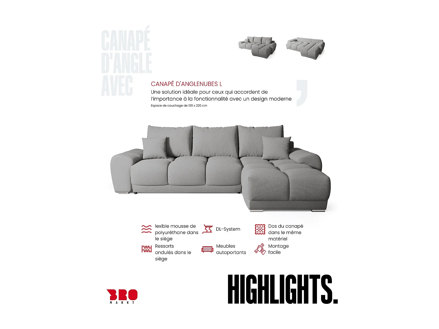 Canapé d'angle convertible en forme de L NUBES 290x180x85 cm gris