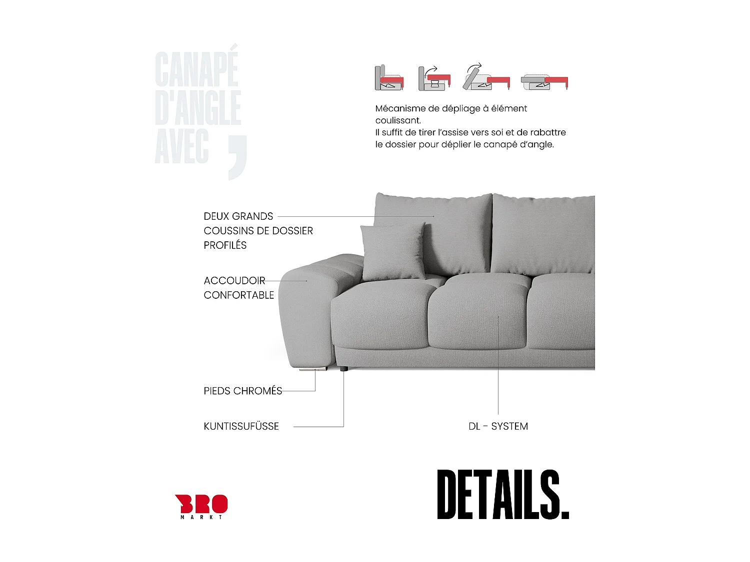 Canapé d'angle convertible en forme de L NUBES 290x180x85 cm gris