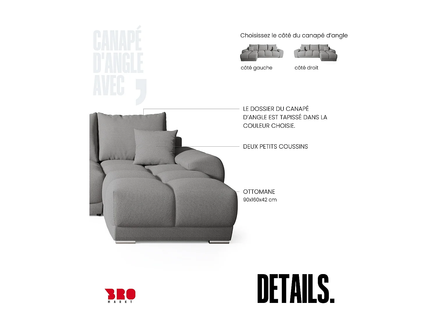 Canapé d'angle convertible en forme de L NUBES 290x180x85 cm gris