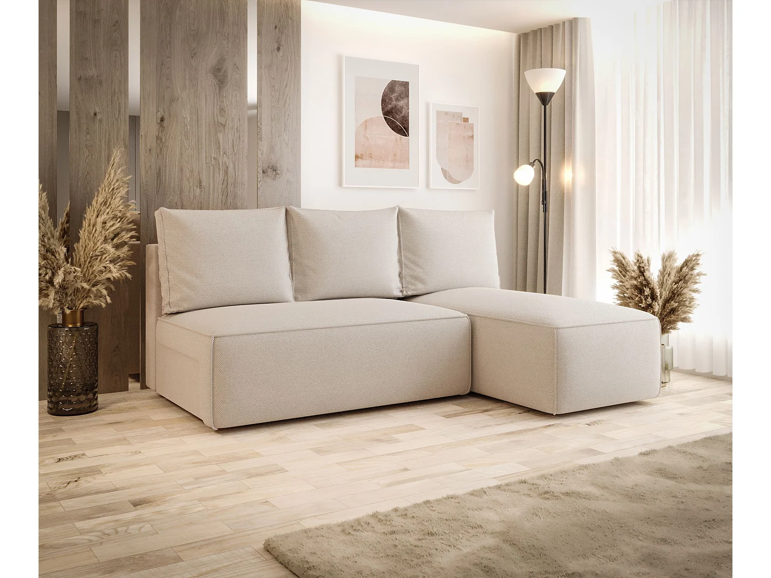 Narożnik z funkcją spania SAVIO MINI Curio 09 ecru prawy sofa w kształcie L z pojemnikiem na pościel sofa do salonu, sofa rozkładana, sofa z pojemnikiem