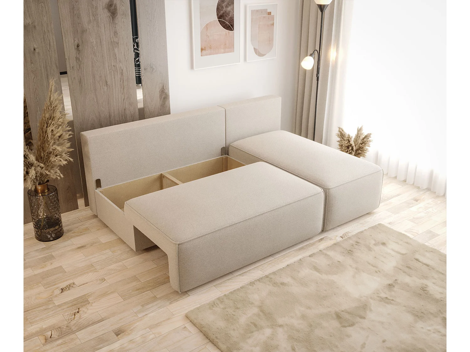 Narożnik z funkcją spania SAVIO MINI Curio 09 ecru prawy sofa w kształcie L z pojemnikiem na pościel sofa do salonu, sofa rozkładana, sofa z pojemnikiem
