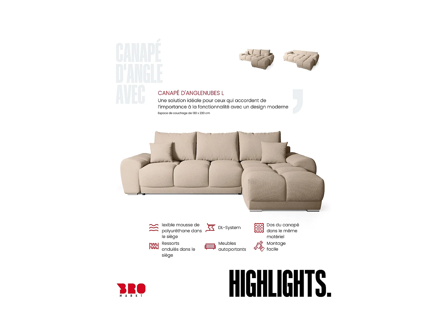 Canapé d'angle convertible en forme de L NUBES 290x180x85 cm marron clair