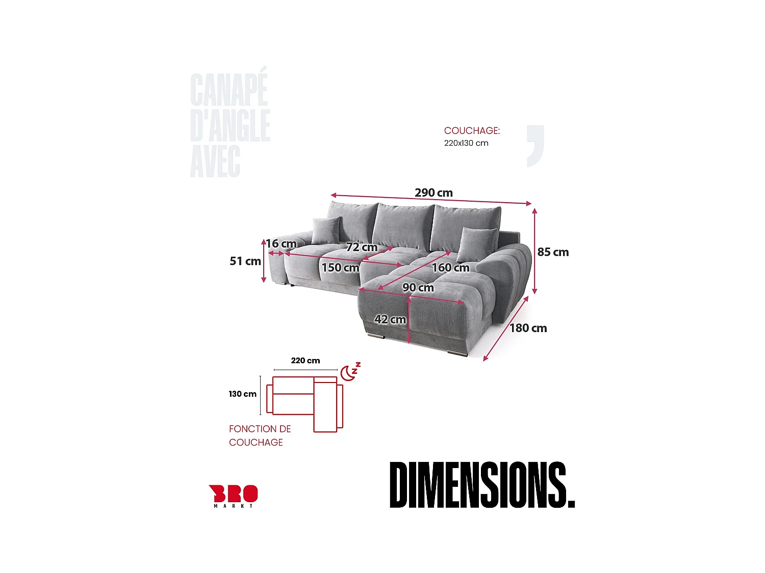 Canapé d'angle convertible en forme de L NUBES 290x180x85 cm marron clair