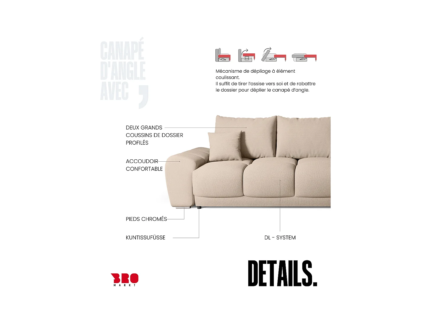 Canapé d'angle convertible en forme de L NUBES 290x180x85 cm marron clair