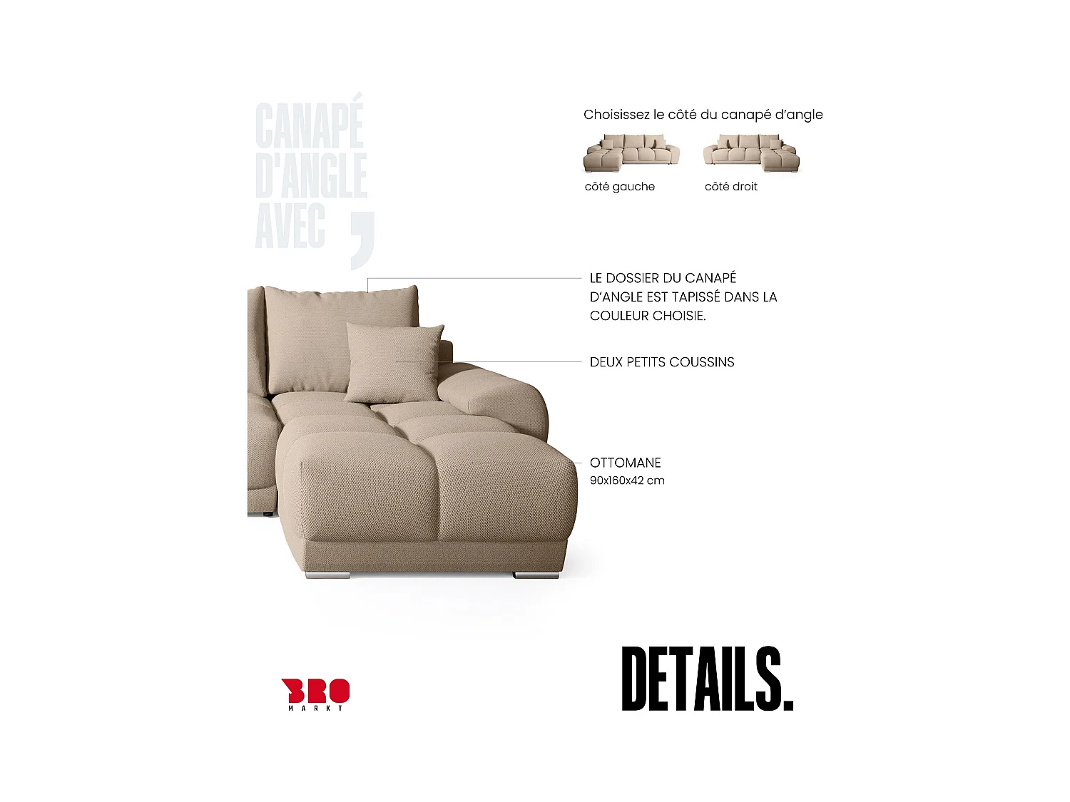 Canapé d'angle convertible en forme de L NUBES 290x180x85 cm marron clair