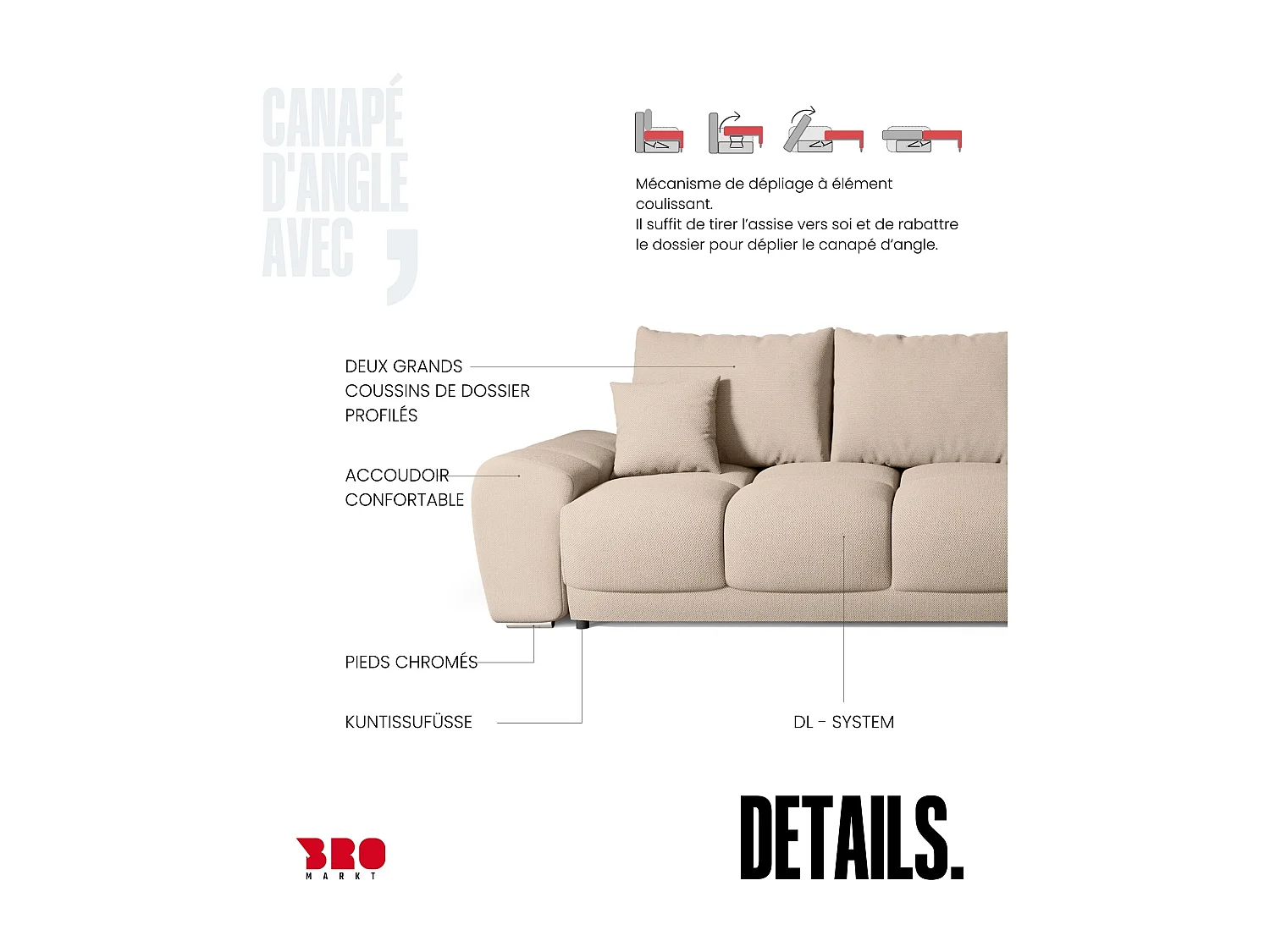 Canapé d'angle convertible en forme de L NUBES 290x180x85 cm marron clair