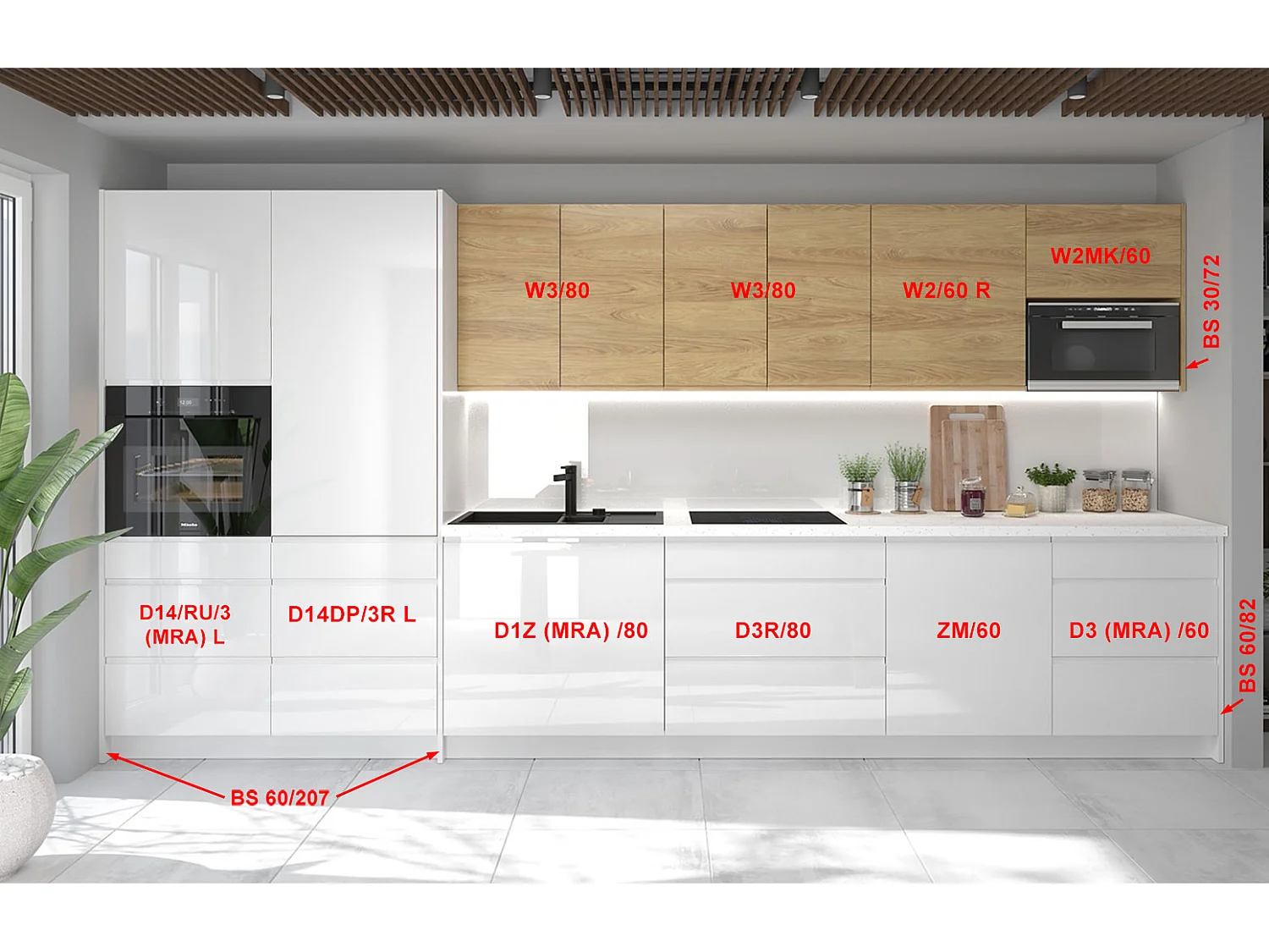 KÜCHENZEILE Avellino (10-tlg) Weiß Acryl Hochglanz / Hickory Natur Matt / Weiß Matt 406 / 59 / 207cm