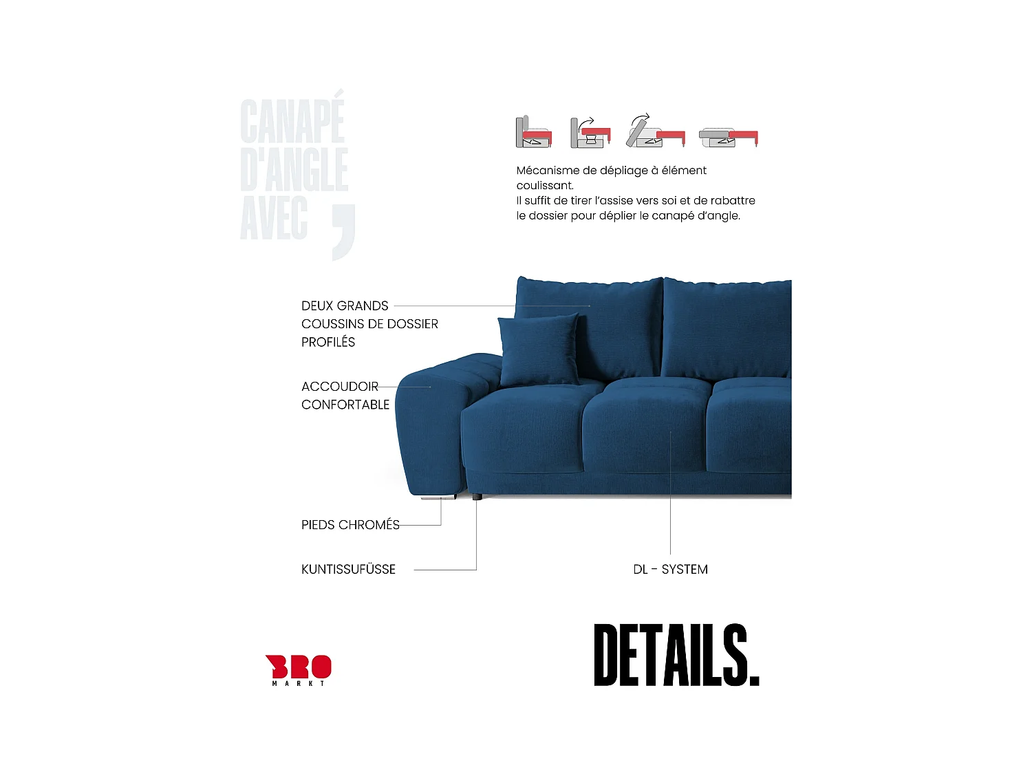 Canapé d'angle convertible en forme de L NUBES 290x180x85 cm bleu