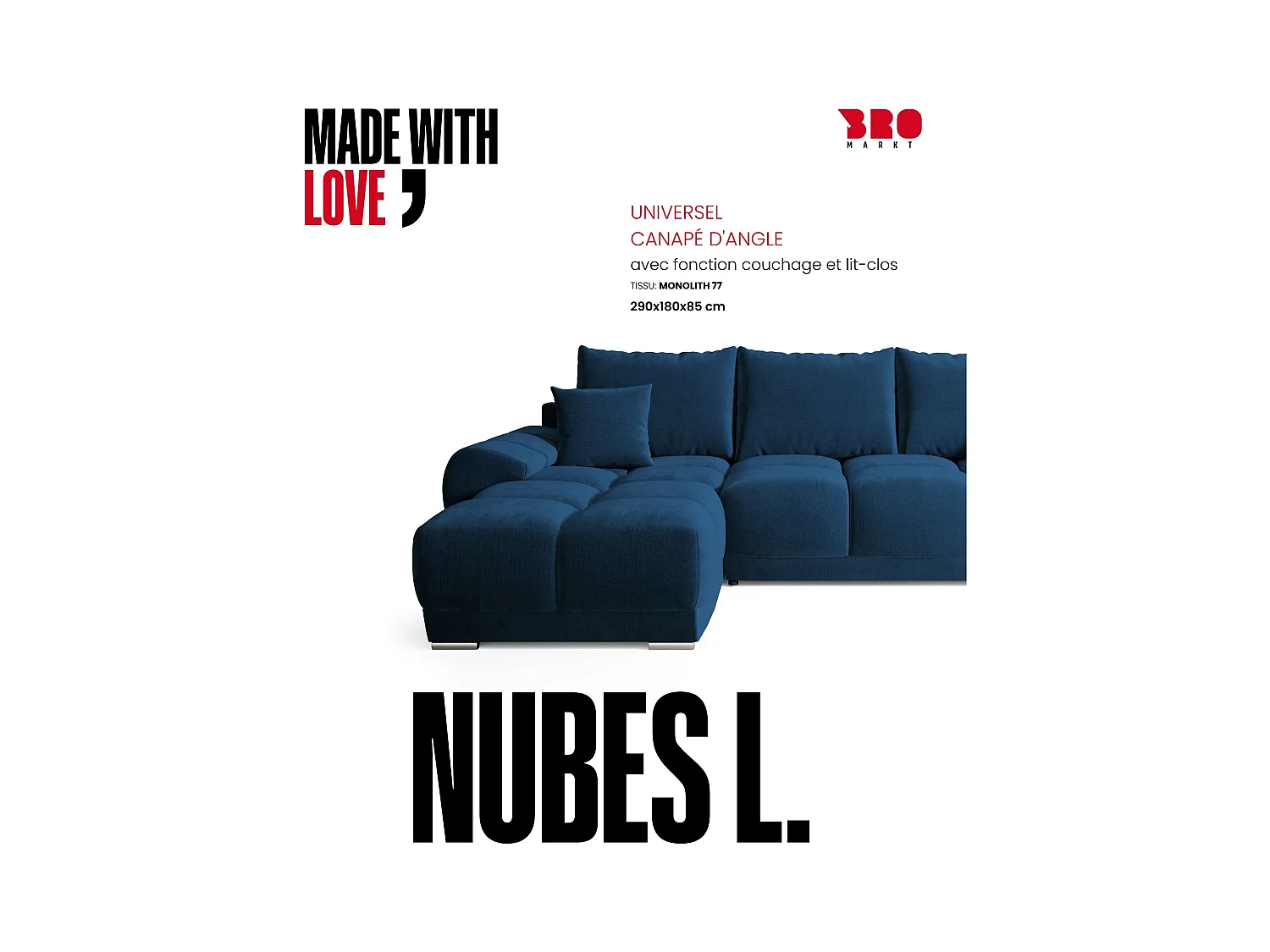 Canapé d'angle convertible en forme de L NUBES 290x180x85 cm bleu