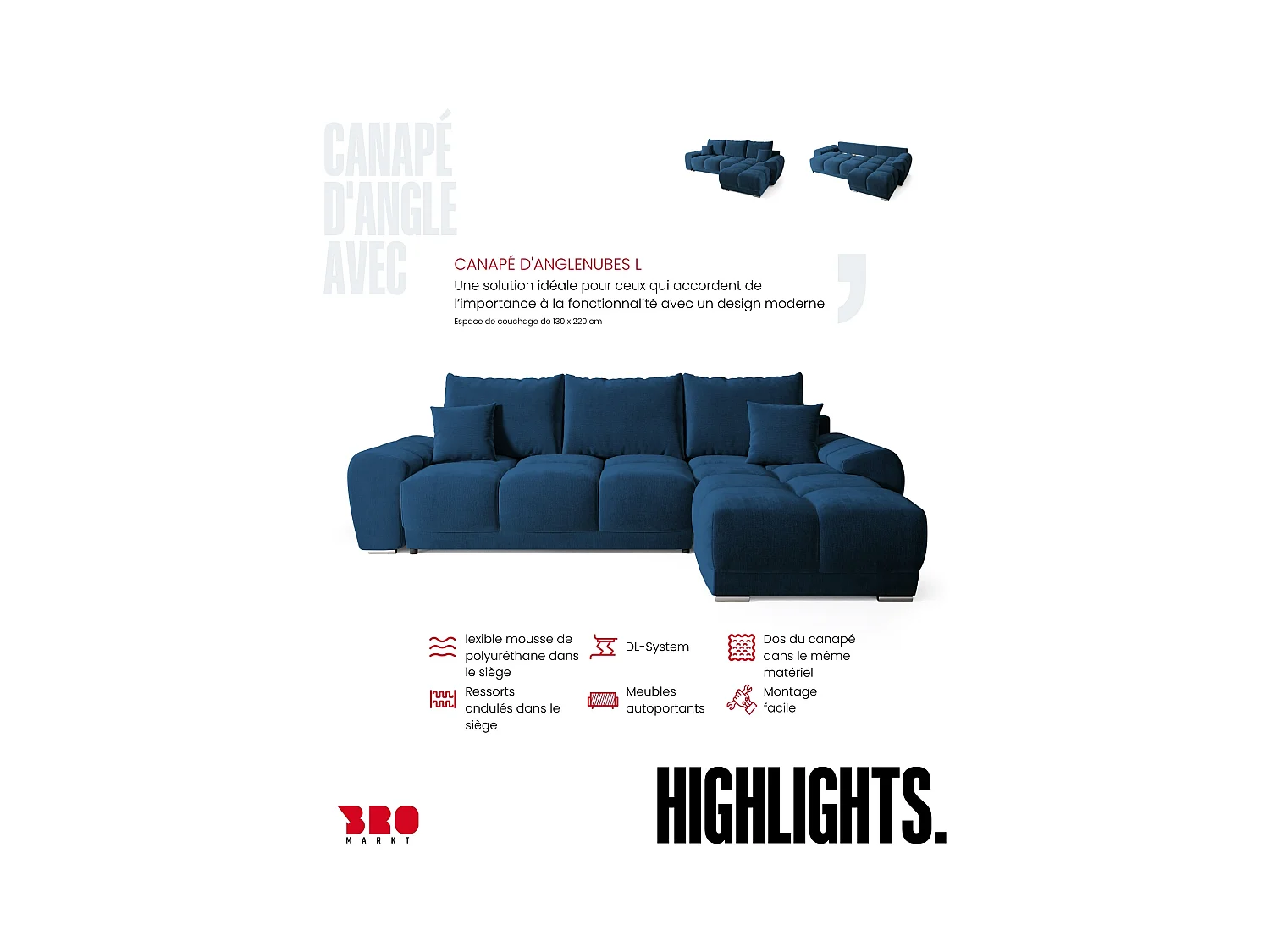 Canapé d'angle convertible en forme de L NUBES 290x180x85 cm bleu