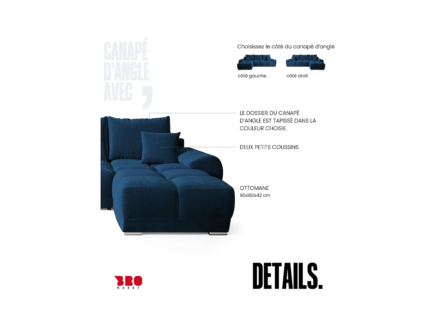 Canapé d'angle convertible en forme de L NUBES 290x180x85 cm bleu