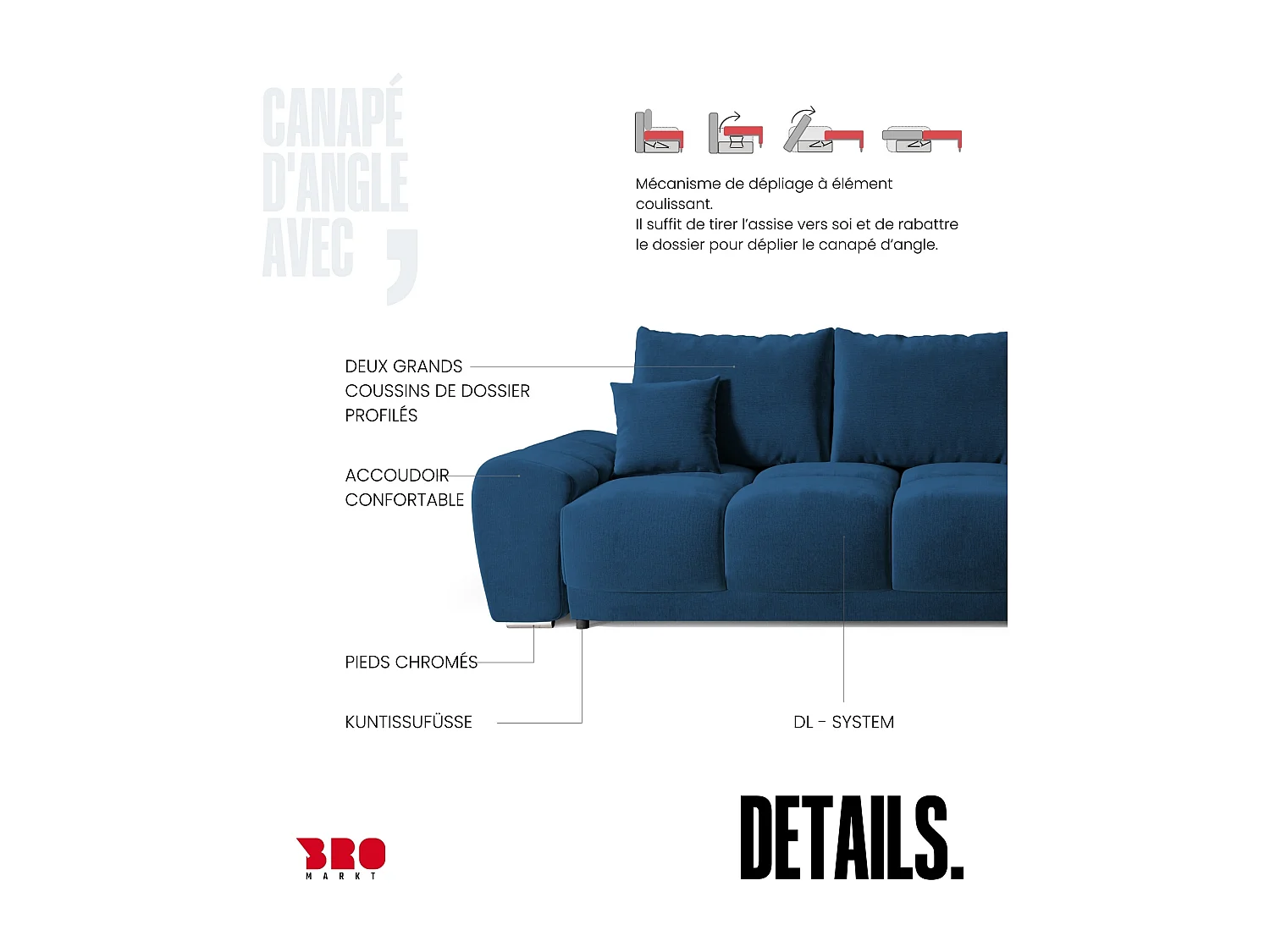 Canapé d'angle convertible en forme de L NUBES 290x180x85 cm bleu