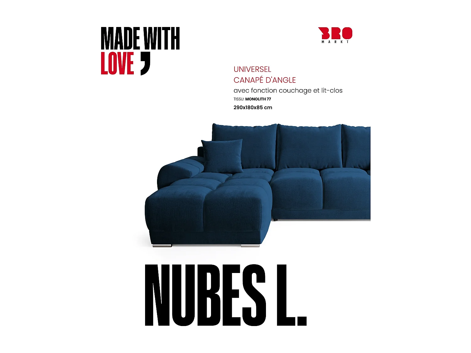 Canapé d'angle convertible en forme de L NUBES 290x180x85 cm bleu