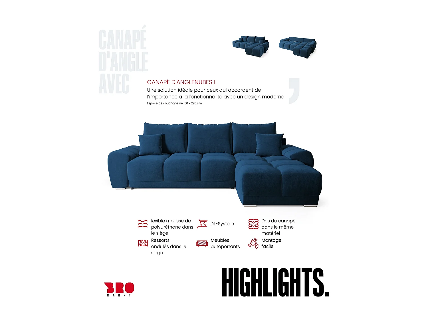 Canapé d'angle convertible en forme de L NUBES 290x180x85 cm bleu