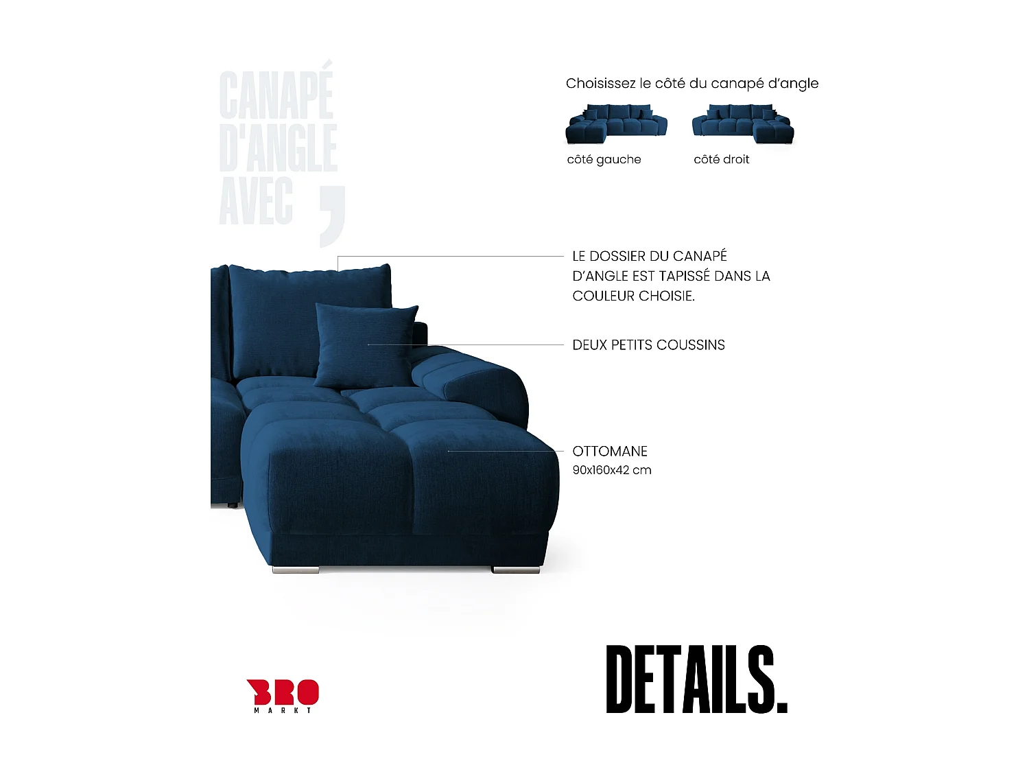 Canapé d'angle convertible en forme de L NUBES 290x180x85 cm bleu