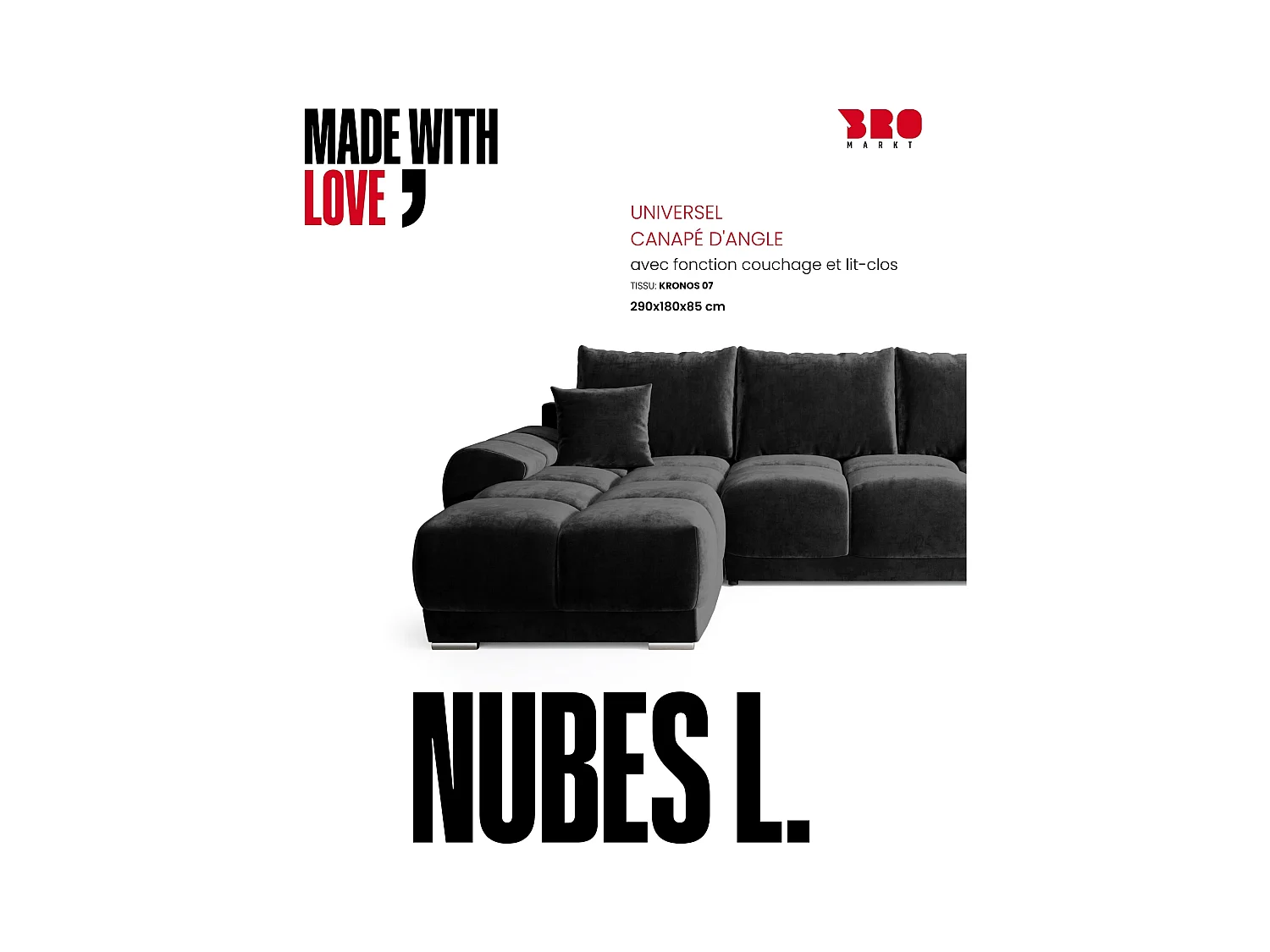 Canapé d'angle convertible en forme de L NUBES 290x180x85 cm noir