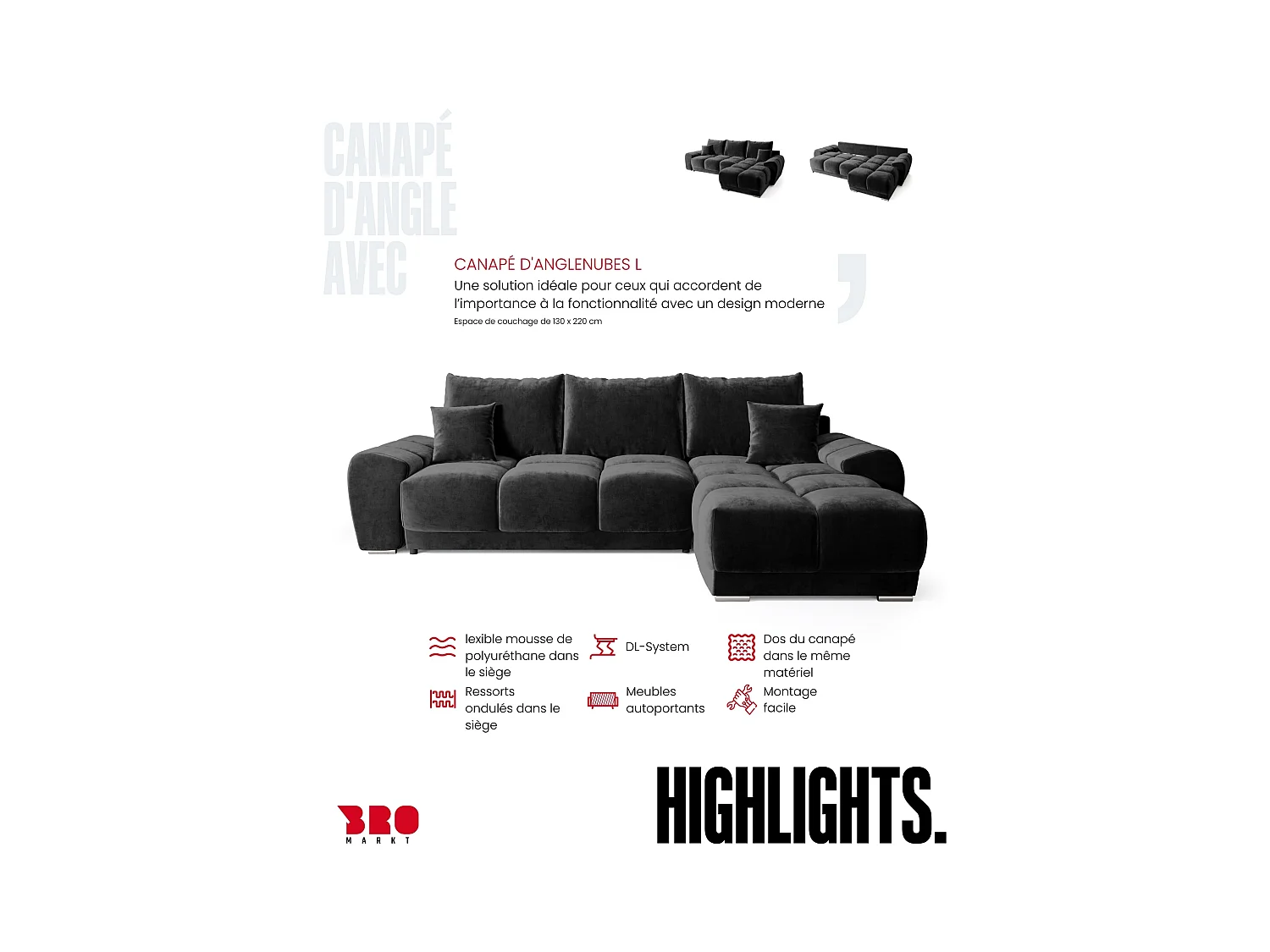 Canapé d'angle convertible en forme de L NUBES 290x180x85 cm noir