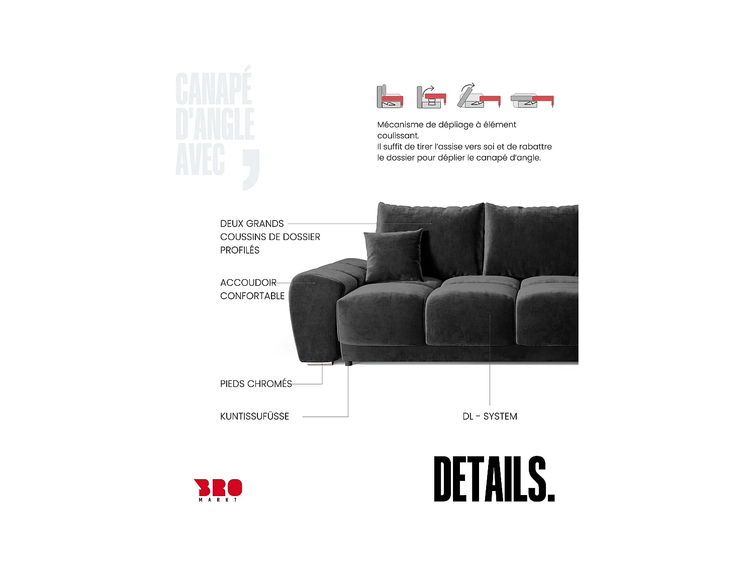 Canapé d'angle convertible en forme de L NUBES 290x180x85 cm noir