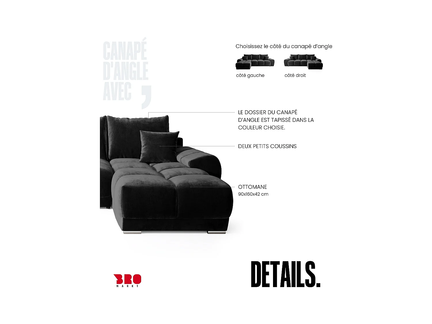 Canapé d'angle convertible en forme de L NUBES 290x180x85 cm noir