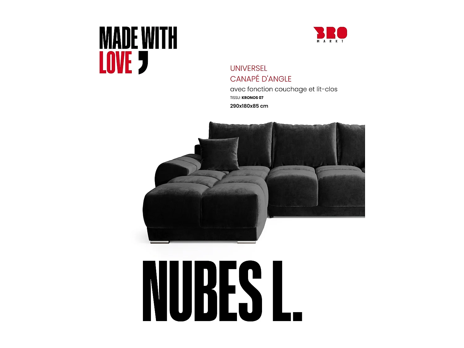 Canapé d'angle convertible en forme de L NUBES 290x180x85 cm noir