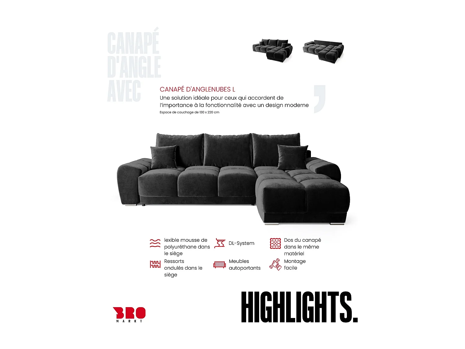 Canapé d'angle convertible en forme de L NUBES 290x180x85 cm noir