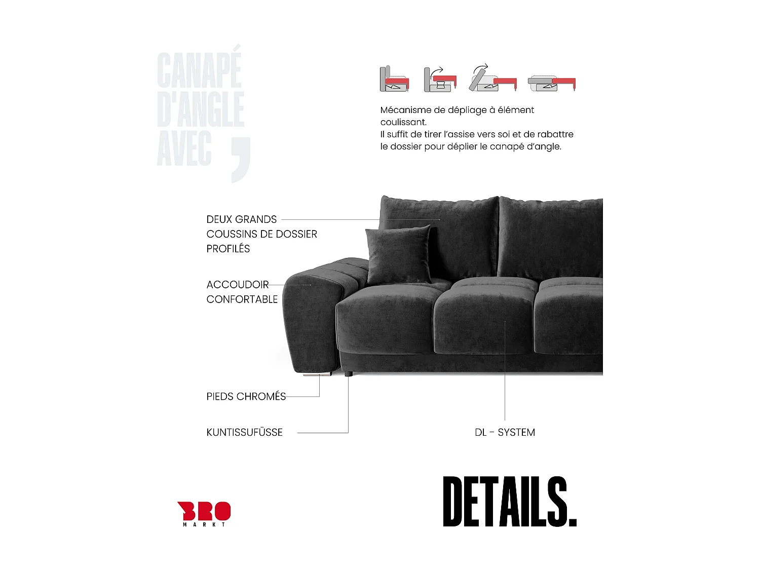 Canapé d'angle convertible en forme de L NUBES 290x180x85 cm noir